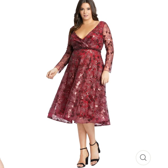 MAC DUGGAL Embellished Illusion Long Sleeve Fit & Flare Dress. - Picture 1 of 16